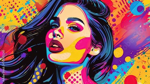 Pop Art Illustration Featuring a Vibrant Woman with Bold Colors and Dynamic Patterns. Retro-Inspired Artistic Expression Concept.
