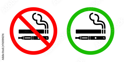 No smoking no vaping and smoking area sign set. Forbidden sign icon isolated on white background vector illustration. Cigarette, vape in prohibition circle and green allowed area. photo