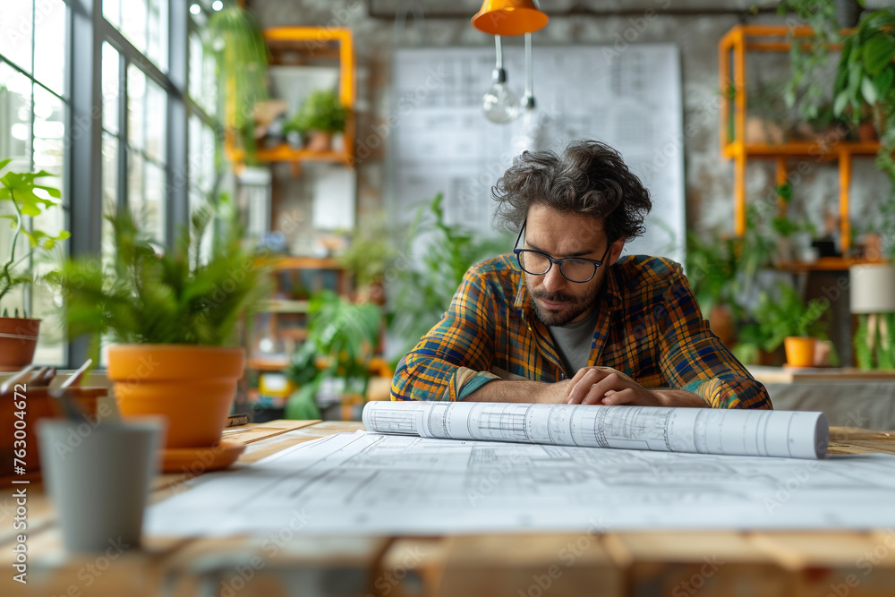 An architect reviews and unrolls blueprints on a table in a bright modern office space. 