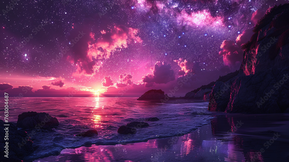 Fototapeta premium Sunset against the backdrop of the sea and a purple-blue dark gradient sky