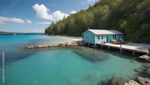 A coastal cabin with a private dock extending into the turquoise waters  perfect for mooring a small boat or enjoying a morning swim.