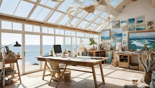 An artist's studio by the sea, featuring a sunlit workspace with large skylights and ocean-inspired decor. photo