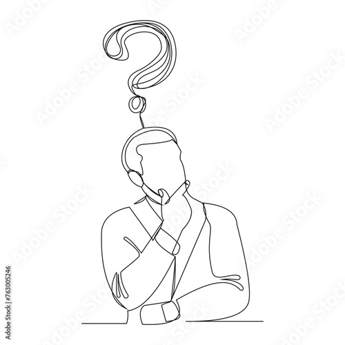Continuous single line sketch drawing of thinking man with questions mark. One line art of business man thinking idea. Vector illustration