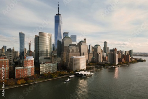 NYC skyline. Manhattan view from New Jersey, NYC skyscraper. Drone aerial view of New York City. Big Apple. NYC panorama from Hudson. Cityscape landmark. Lower Manhattan NYC.