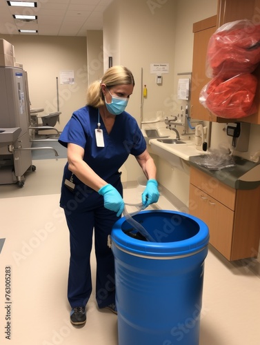 Woman in Scrubs Cleaning Blue Trash Can photo