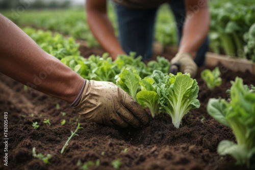 Farmer planting young lettuce seedlings in vegetable garden. agriculture  farming and harvesting concept