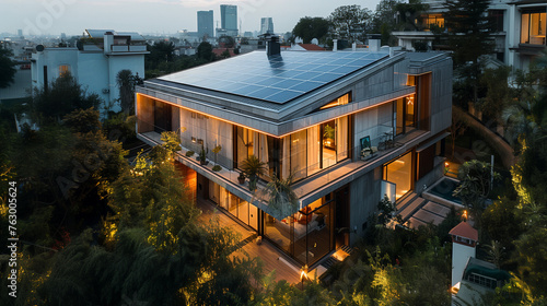 Modern House With A Solar Panel Roof. Generative AI. © Essa