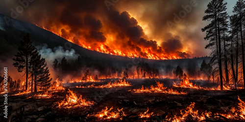 The intensity of a raging wildfire as it engulfs a forest in flames