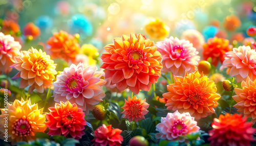 Summer garden with colorful dahlias flowers. Gardening and Flowering background.