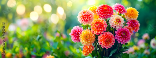 Summer garden with colorful dahlias flowers. Gardening and Flowering background. photo