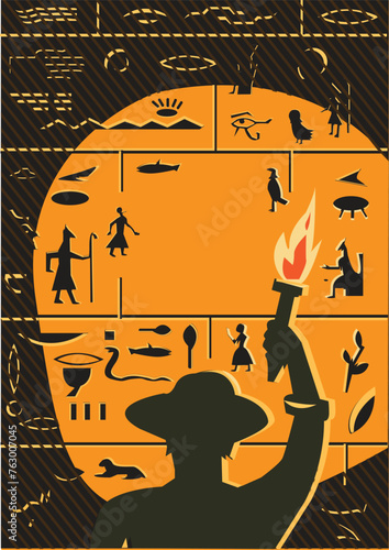 A person looks at a wall with ancient Egyptian writings or hieroglyphics. Editable Clip Art.