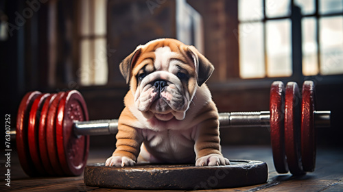 An adorable fat Funny Bulldog puppy alongside a barbel photo