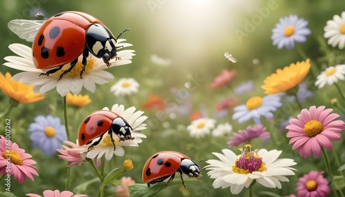 Ladybugs Flying In A Garden Filled With Flowers Upscaled 3