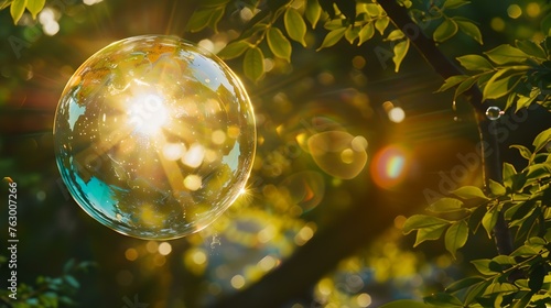 A single bubble floating amidst green leaves with sunlight filtering through. nature meets whimsy in this serene setting. perfect for mindful and tranquil concepts. AI