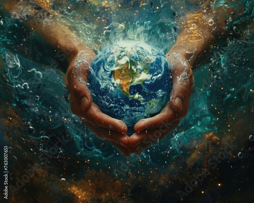 Portraying a potent message of global preservation and nurture, the artwork portrays hands gently embracing the Earth, suspended in space alongside droplets of water, instilling a profound sense of du