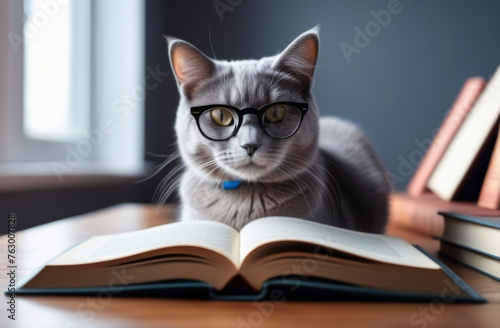 Grey cat in the glasses laying and reading the book, cosy room with window