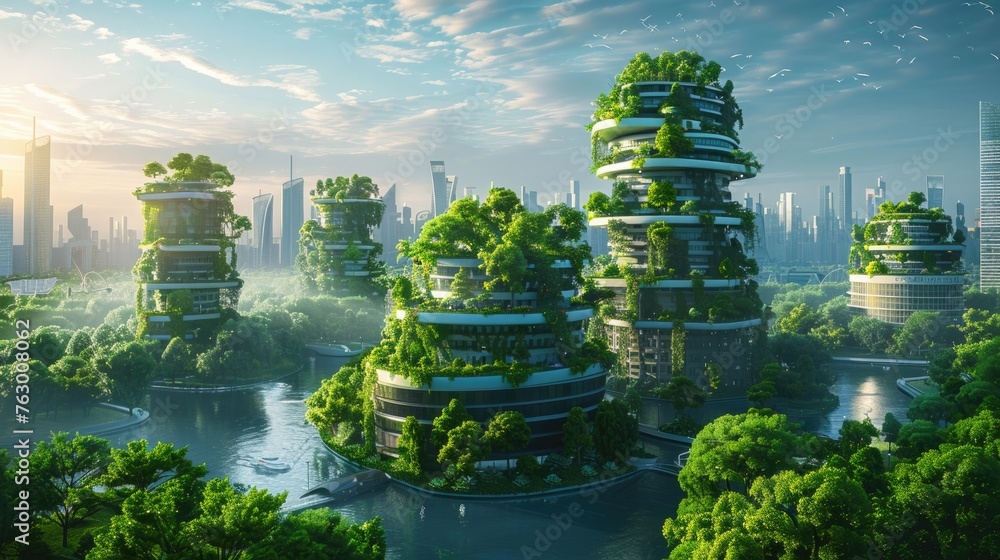 Envisioned for the future is a sustainable, high-tech cityscape, embellished with lush hanging gardens and innovative green architecture, all beneath a clear sky.