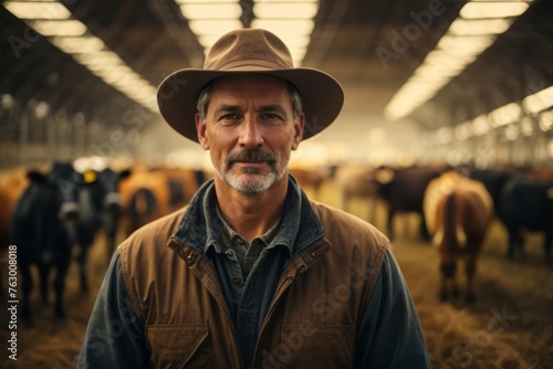breeder male cattle farmer with cows background. photo