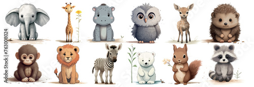 Adorable Collection of Illustrated Baby Animals: Elephants, Giraffes, Hippos, Owls, Deers, Hedgehogs, Monkeys, Lions, Zebras, Polar Bears, Squirrels