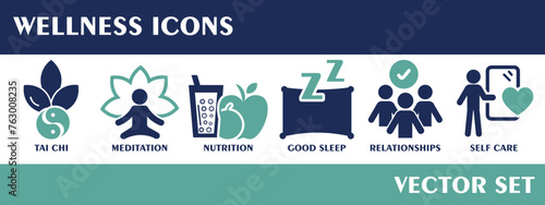 Wellness icons. Containing tai chi, meditation, nutrition, good sleep, relationships, self care. Vector set.