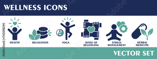 Wellness icons. Containing health, relaxation, yoga, sense of belonging, stress management, herbal medicine. Vector set.