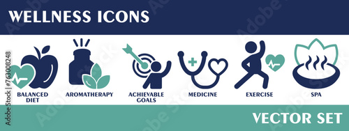 Wellness icons. Containing balanced diet, aromatherapy, achievable goals, medicine, exercise, spa. Vector set.