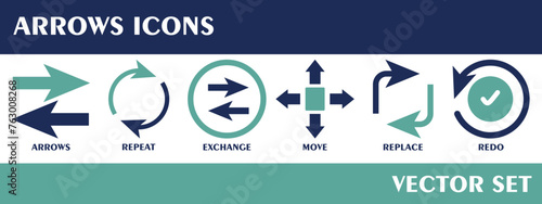 Arrows icons. Containing repeat, exchange, move, replace, redo. Solid icon. Vector set collection.