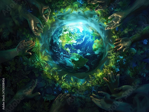 Gathered with a shared purpose  numerous hands come together to protect a luminous depiction of Earth  adorned with abundant greenery  signifying a joint dedication to worldwide harmony and environmen