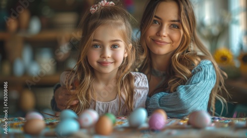 Mother and daughter painting Easter eggs
