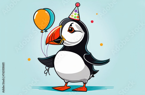 Cute cartoon puffin Happy Birthday greeting card, little puffin bird in a bday hat with balloons