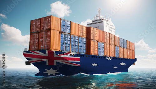 Ship with Australia flag. Sending goods from Australia across ocean. Australia marine logistics companies. Transportation by ships from Australia.