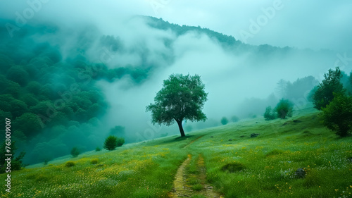 A tree stands in a field of grass with a foggy sky in the background and mountains. Natural landscape