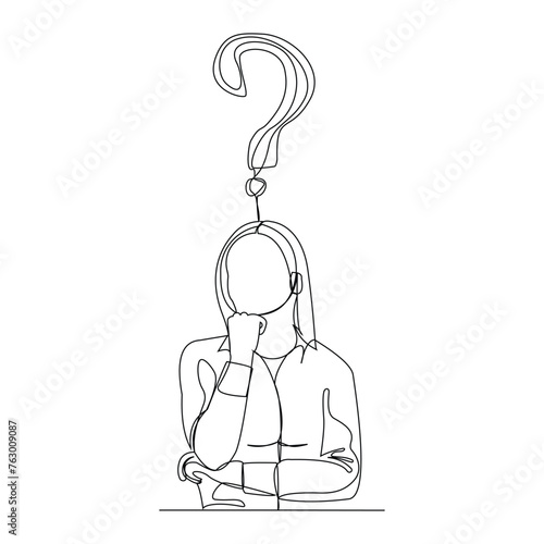 Continuous single line sketch drawing of thinking woman with questions mark. One line art of business woman thinking idea. Vector illustration