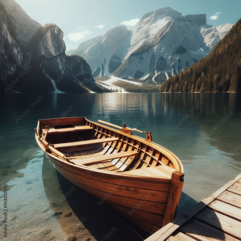 Old wooden boat sits on tranquil water of mountain lake
