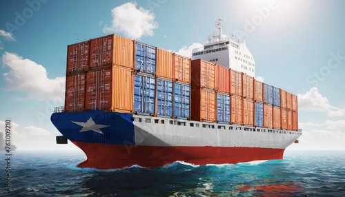 Ship with Chile flag. Sending goods from Chile across ocean. Chile marine logistics companies. Transportation by ships from Chile.