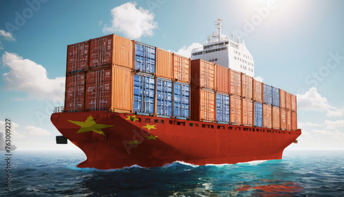 Ship with China flag. Sending goods from China across ocean. China marine logistics companies. Transportation by ships from China.
