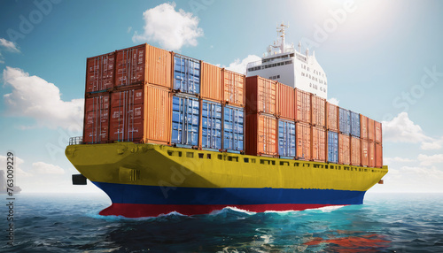 Ship with Colombia flag. Sending goods from Colombia across ocean. Colombia marine logistics companies. Transportation by ships from Colombia.