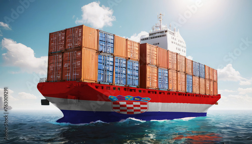 Ship with Croatia flag. Sending goods from Croatia across ocean. Croatia marine logistics companies. Transportation by ships from Croatia.
