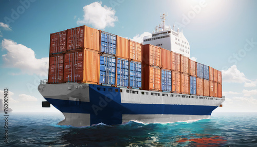 Ship with Finland flag. Sending goods from Finland across ocean. Finland marine logistics companies. Transportation by ships from Finland.