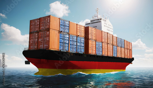 Ship with Germany flag. Sending goods from Germany across ocean. Germany marine logistics companies. Transportation by ships from Germany.