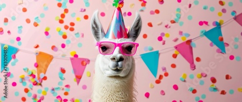 lama wearing sunglasses and a colorful birthday hat, with confetti flying around on a pink background