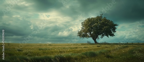 A lone tree stands resilient in a field, its branches swaying to the storm, a testament to strength