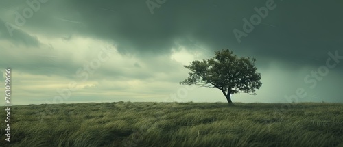 A lone tree stands resilient in a field, its branches swaying to the storm, a testament to strength