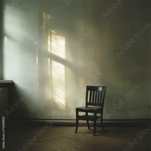 A single chair in the corner of a bare room, minimal light seeping through, embodying the weight of heavy hearts