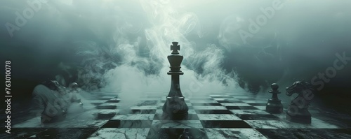 A chess board with a king and four pawns