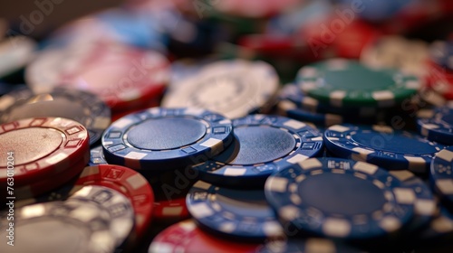 A close-up of assorted colorful poker chips with a shallow depth of field.