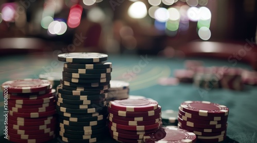 Stacks of poker chips on a casino table, with colorful bokeh lights in the background.