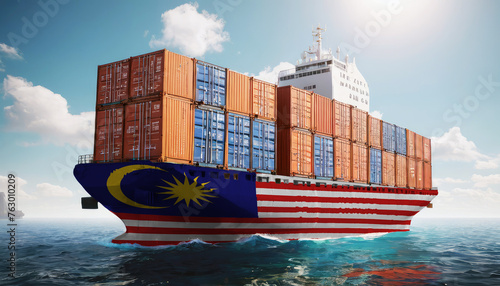 Ship with Malaysia flag. Sending goods from Malaysia across ocean. Malaysia marine logistics companies. Transportation by ships from Malaysia.