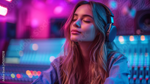  A female music artist that sits in a music studio with closed eyes and clearly enjoys the immersive mix she is listening to.