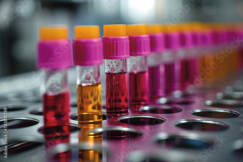 A laboratory with test tubes filled with colorful liquids used for scientific experiments and medical research © NOTE OMG
